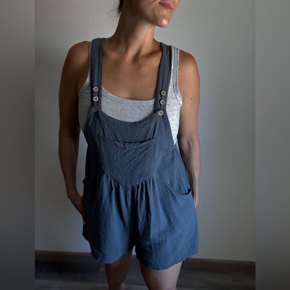 Romper Overalls Adjustable Boho Rayon Linen Blue Gray Medium - Picture 3 of 12